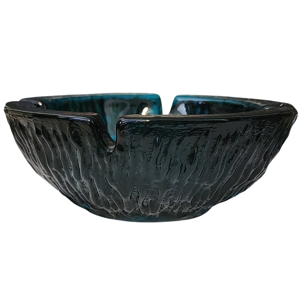 MCM VTG Blenko Teal Ashtray Textured Glass Bowl Retro Home Decor Mint Condition